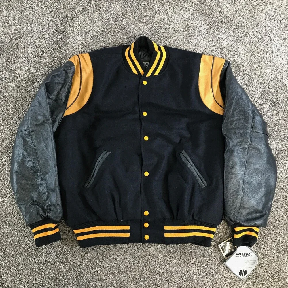 Vintage Holloway Varsity Jacket Mens Large Black Yellow Wool Leather Snap Front